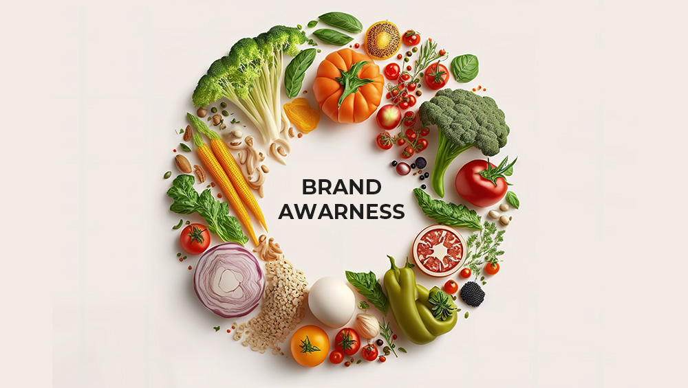 Alcuni pezzi di vegetali e frutta compongono un cerchio attorno al testo Brand Awareness